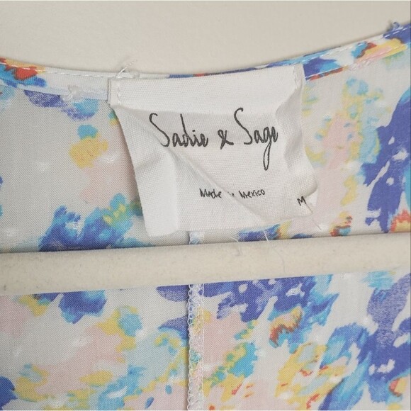 Sadie & Sage Kimono Blue Floral Swiss Dot Open Front Side Slit Fairy Boho Medium - Picture 7 of 9